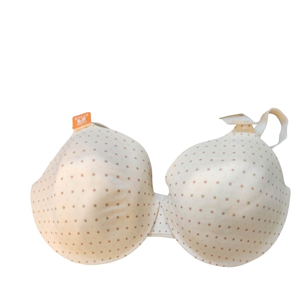 Beige bra with pink and tan dots. Size 38DD. Never worn.